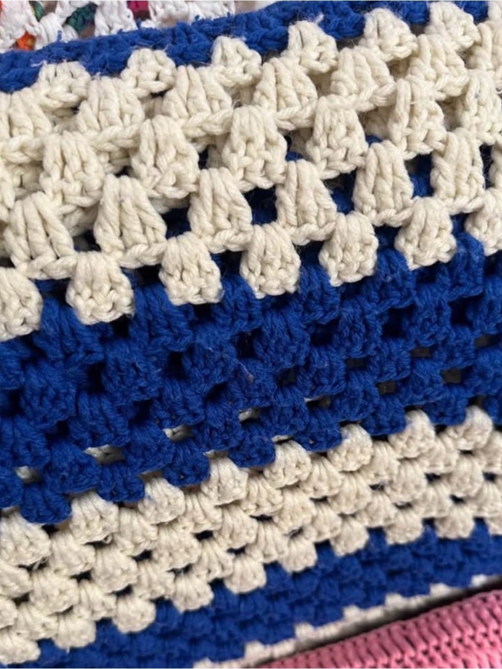 Vintage Handmade Crocheted Throw/Afghan in Blue and Cream